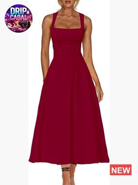 Square Neck Corset A Line Maxi Dress Ruffle Ruched Waist Flowy